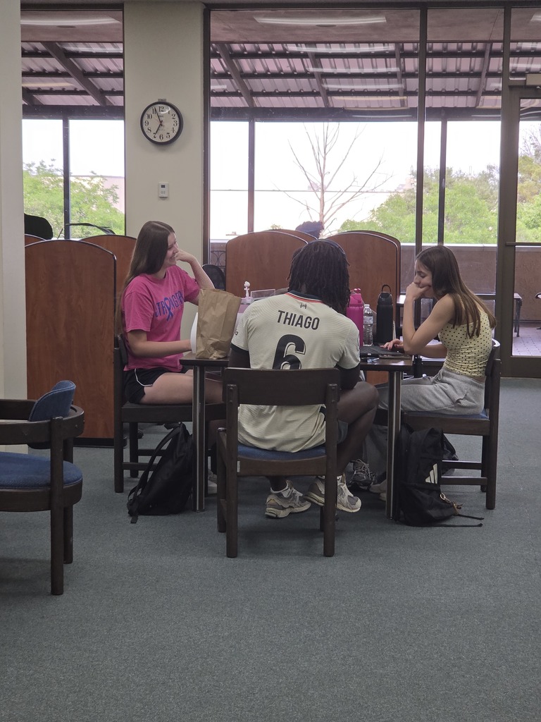 Students study at a table in the Library.
