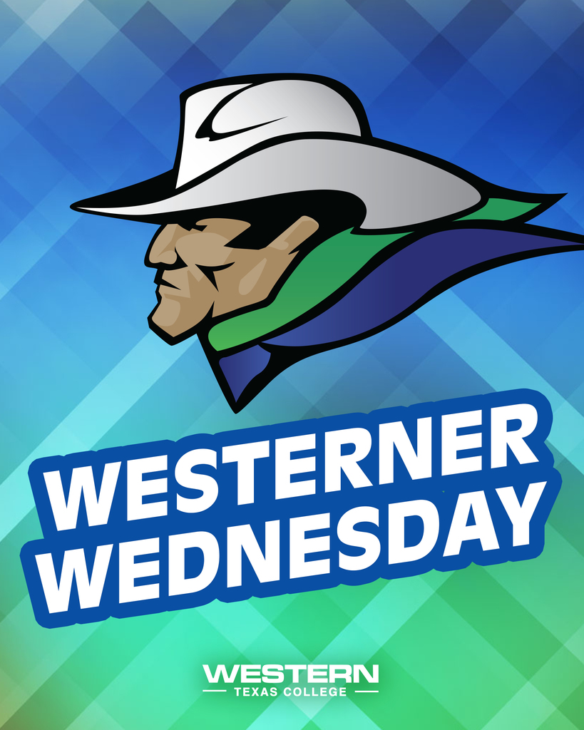 Graphic featuring WTC mascot and Westerner Wednesday text on blue and green patterned background.
