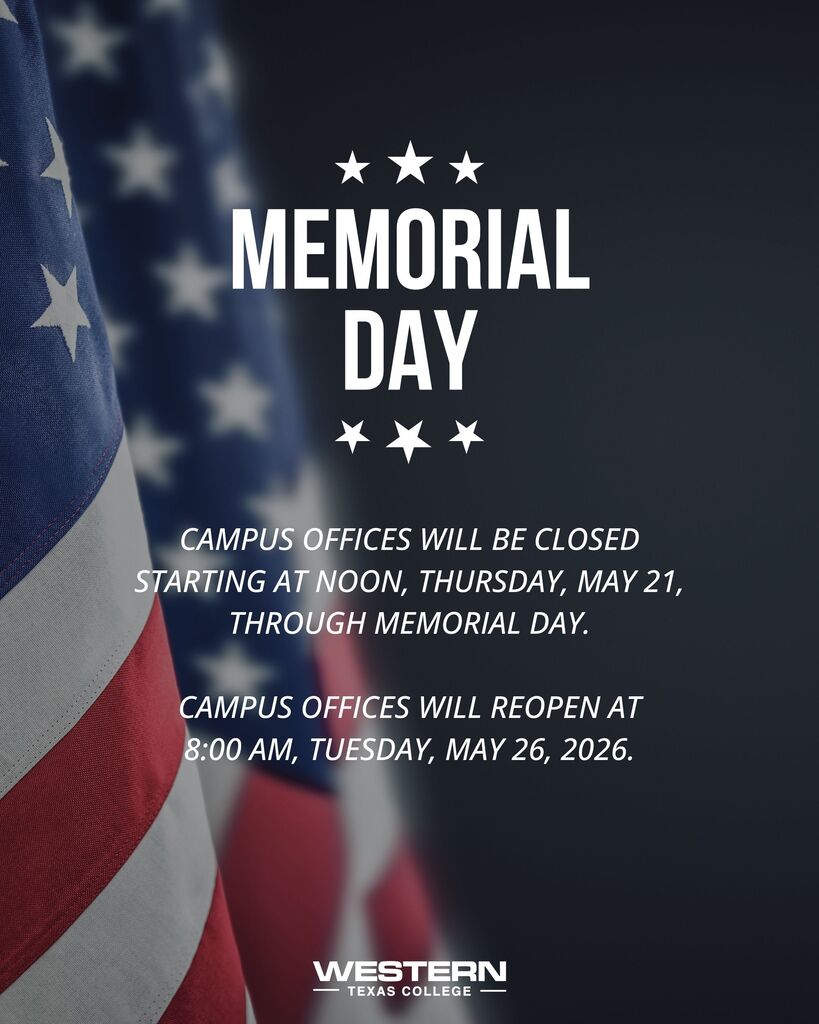 Graphic with American flag announcing Memorial Day campus closure.