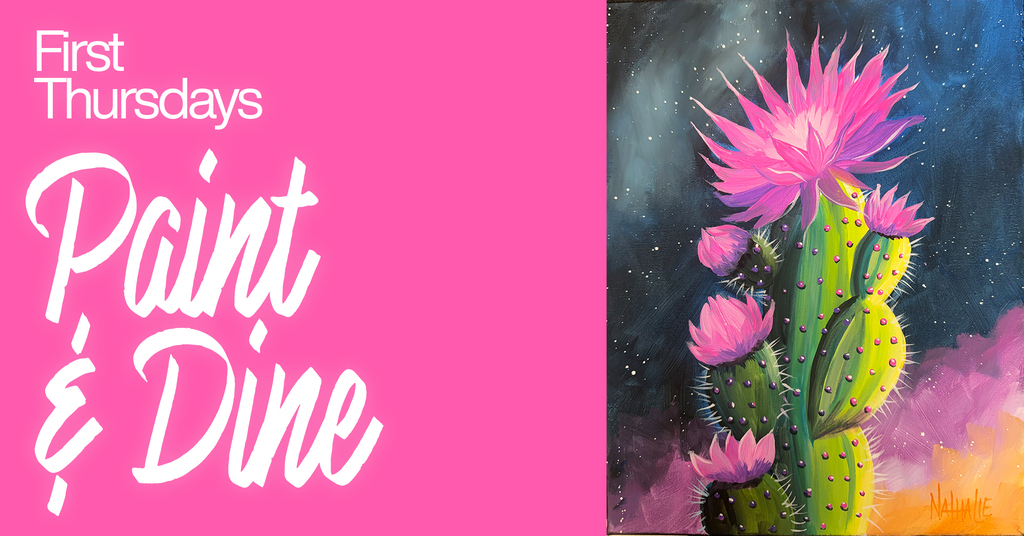 Painting of a cactus with pink flowers