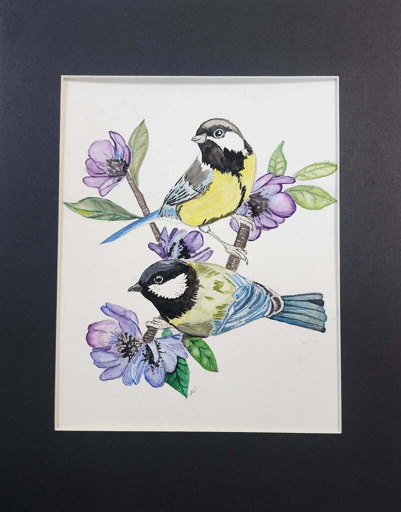 watercolor painting of birds on purple flowers