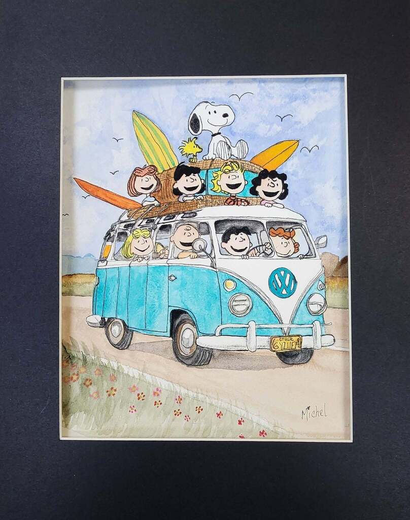 painting of snoopy and friends in a caravan