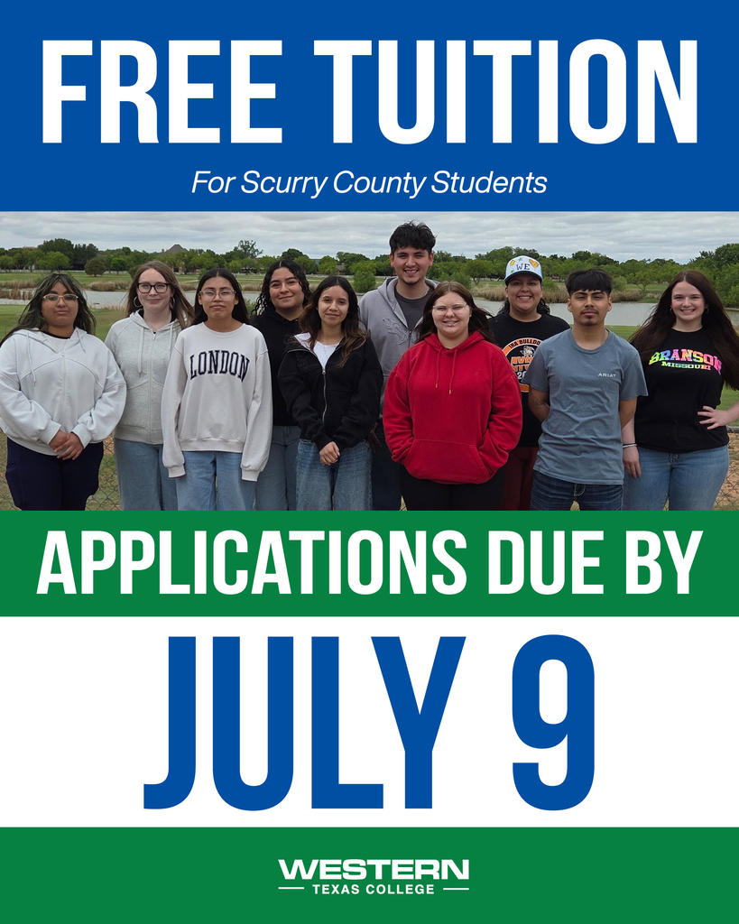 Group of students standing outdoors with text promoting free tuition for Scurry County students and a July 9 application deadline.