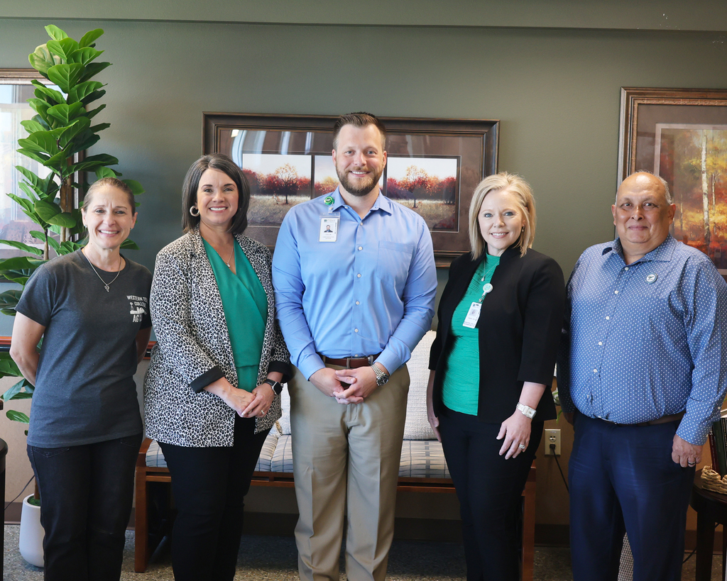 (l-r) Dr. Laurie Sharp, WTC President; Dr. Melissa Perryman, WTC Assistant Vice President for Student Services; Collin McLarty, Chief Executive Officer of Cogdell Memorial Hospital; TeriJo Gonzales, MA, LPC-S, Director of CMH Behavioral Health Strategic Planning and Director of Cogdell Cares & Growing in Grace Clinics; and Ralph Ramon, Vice President for Student Affairs and Dean of Students.