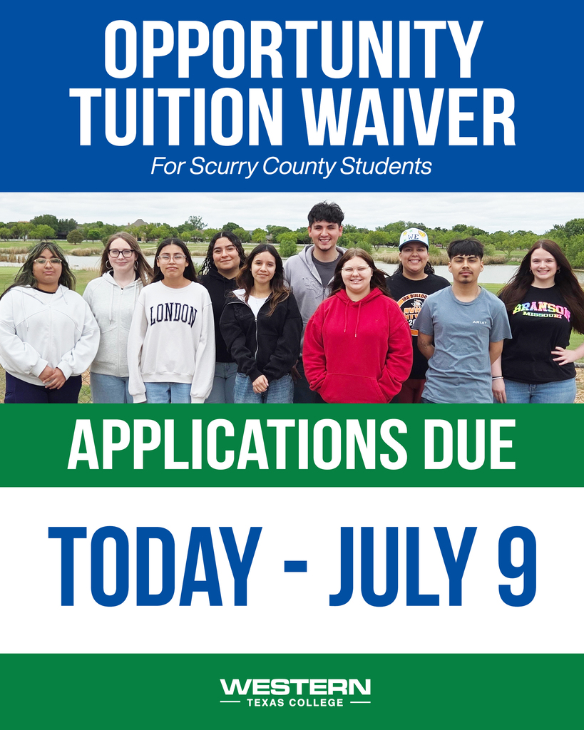 Graphic with  logo and photo of smiling students reading Opportunity Tuition Waiver Applications due today, July 9.