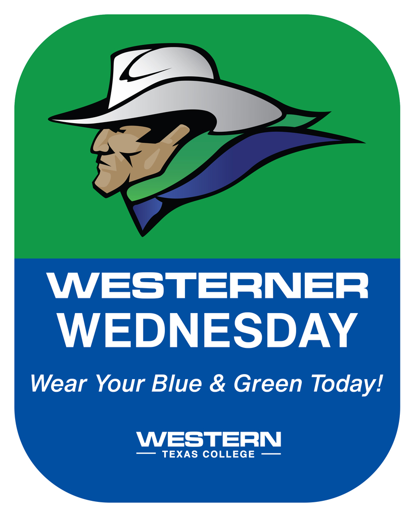 Western Texas College graphic featuring the Westerner mascot with the message, Westerner Wednesday. Wear your blue and green today.