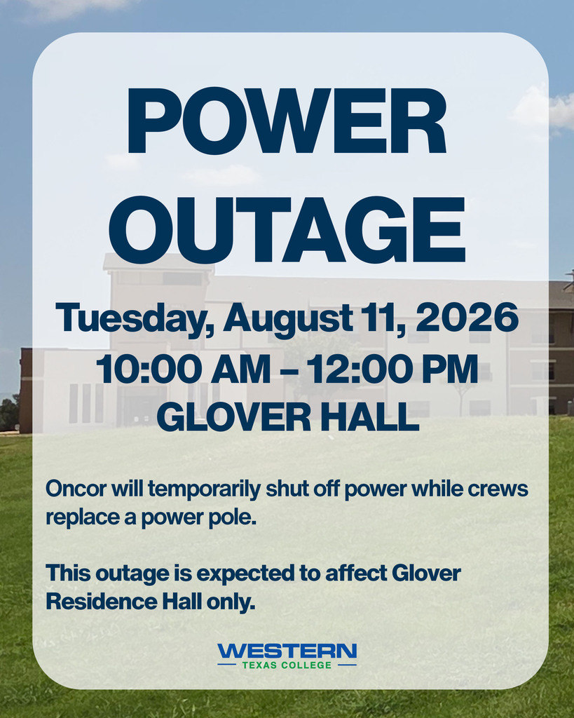 Power outage notice for Glover Hall on August 11 from 10:00 AM to noon while Oncor replaces a power pole.
