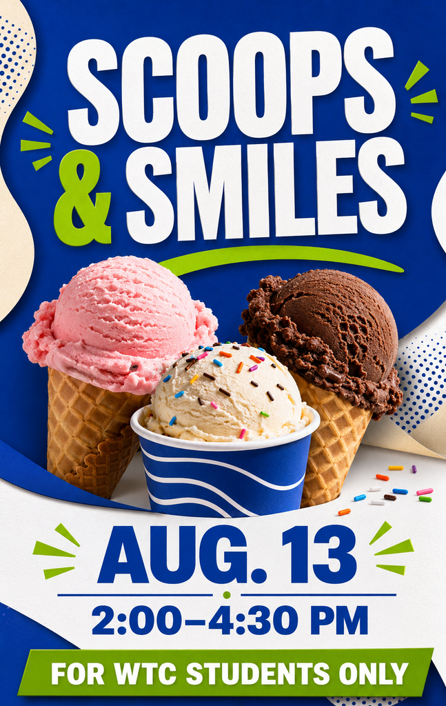 Scoops & Smiles graphic featuring ice cream and event details for WTC students on August 13.