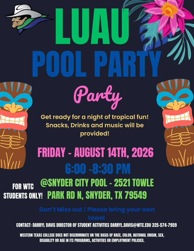 WTC Luau Pool Party flyer with event details, tropical graphics, and student-only admission information.