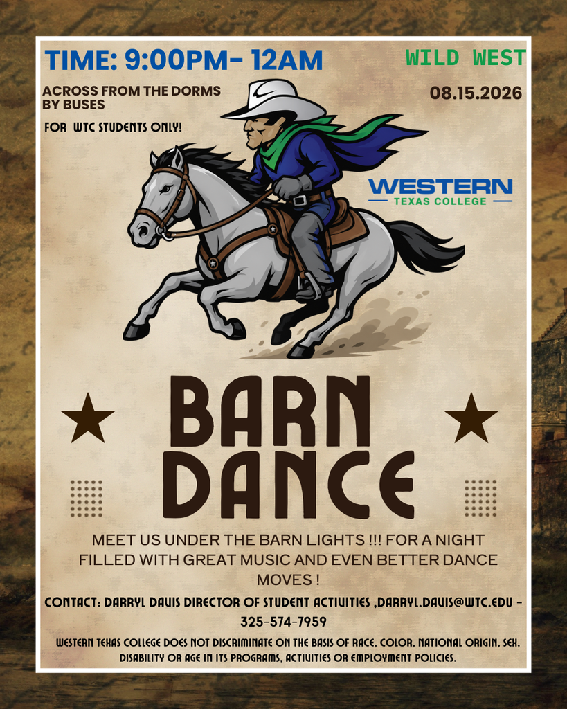 WTC Barn Dance flyer featuring a Westerner on horseback with event time, location and student-only admission details.