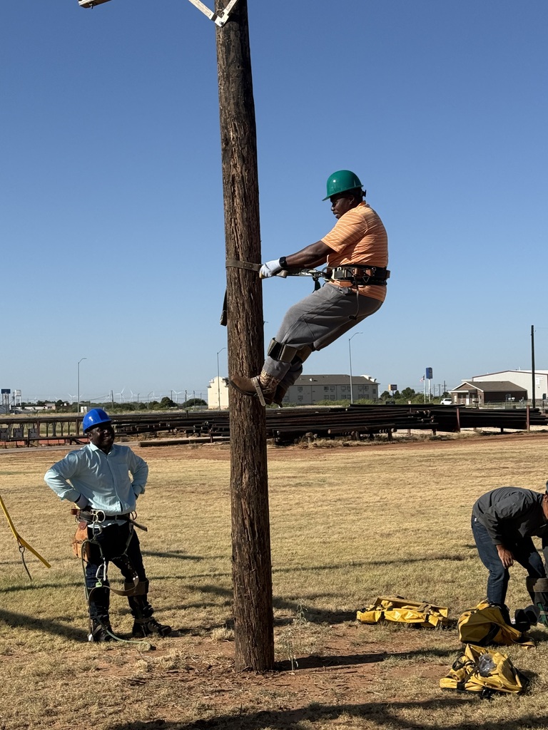 An Electrical Lineworker Technology student practices climbing a utility pole while classmates observe at WTC.