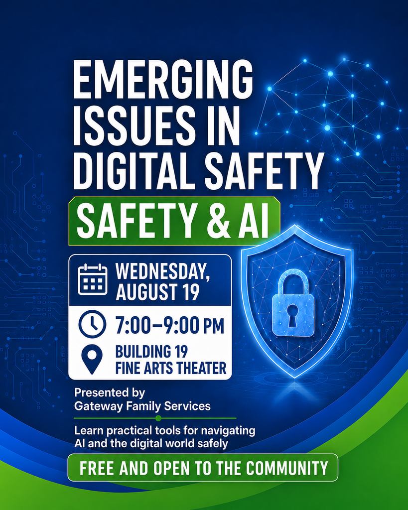 Emerging Issues in Digital Safety: Safety & AI event graphic with date, time, location, presenter, and free community admission.