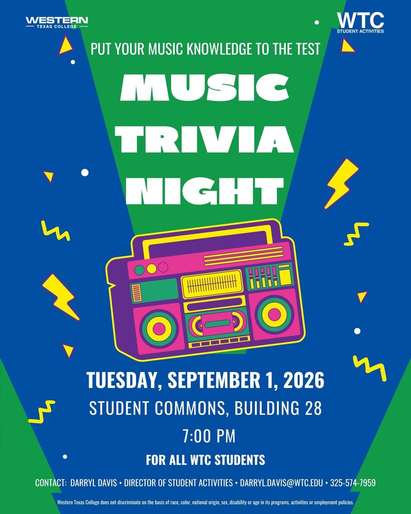 Music Trivia Night graphic for WTC students, featuring a colorful boombox and event details for September 1.