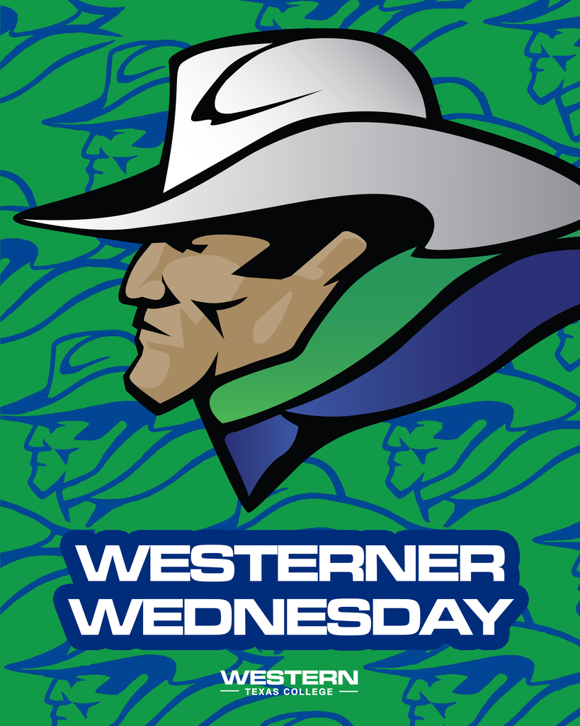 Westerner Wednesday graphic featuring the WTC Westerner mascot, blue and green background, and Western Texas College wordmark.