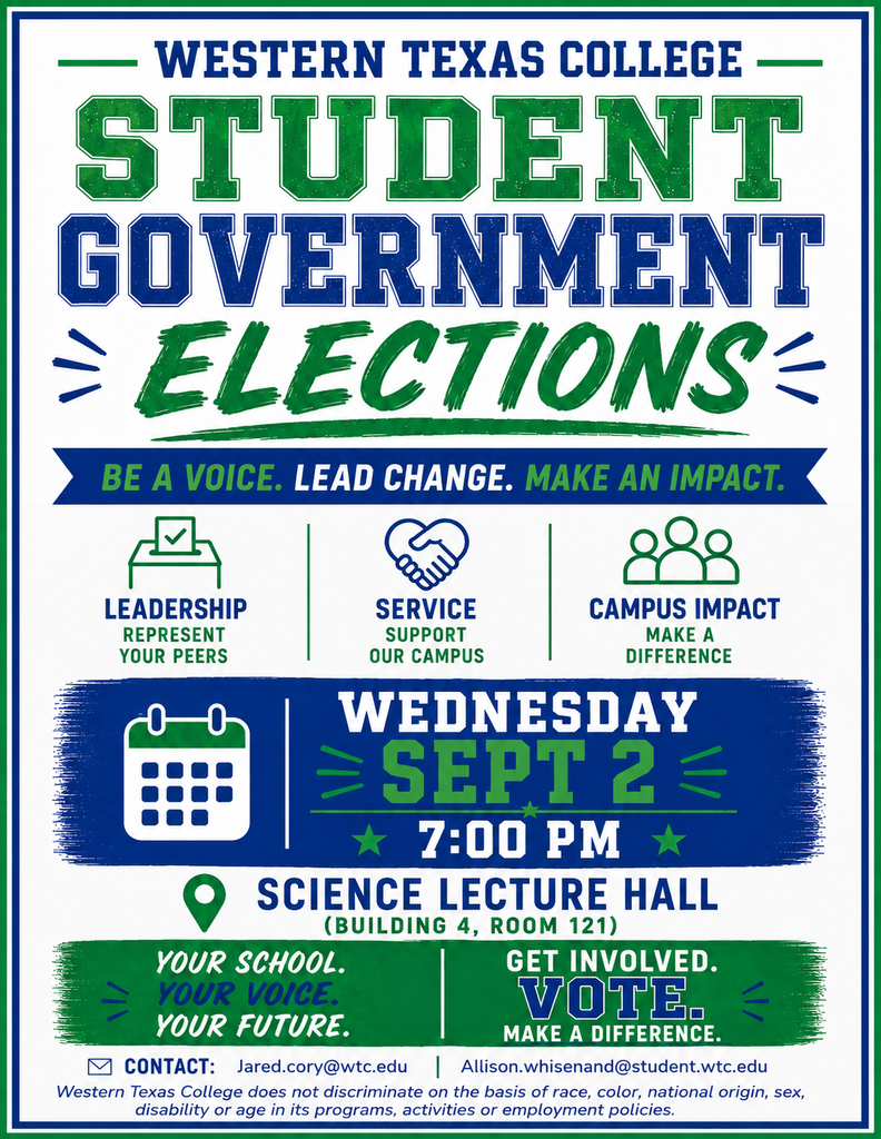 Graphic for WTC Student Government Elections, September 2 at 7 p.m., Science Lecture Hall, Building 4, Room 121.