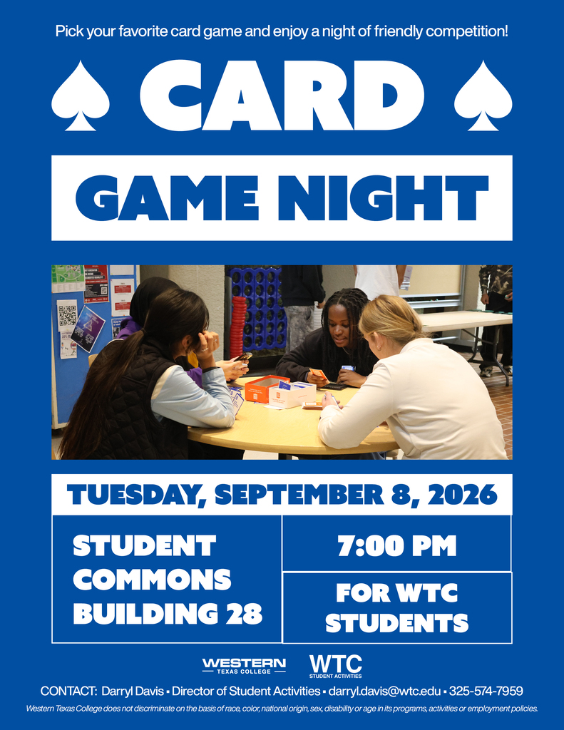 Western Texas College Card Game Night flyer featuring students playing cards and event details for WTC students.