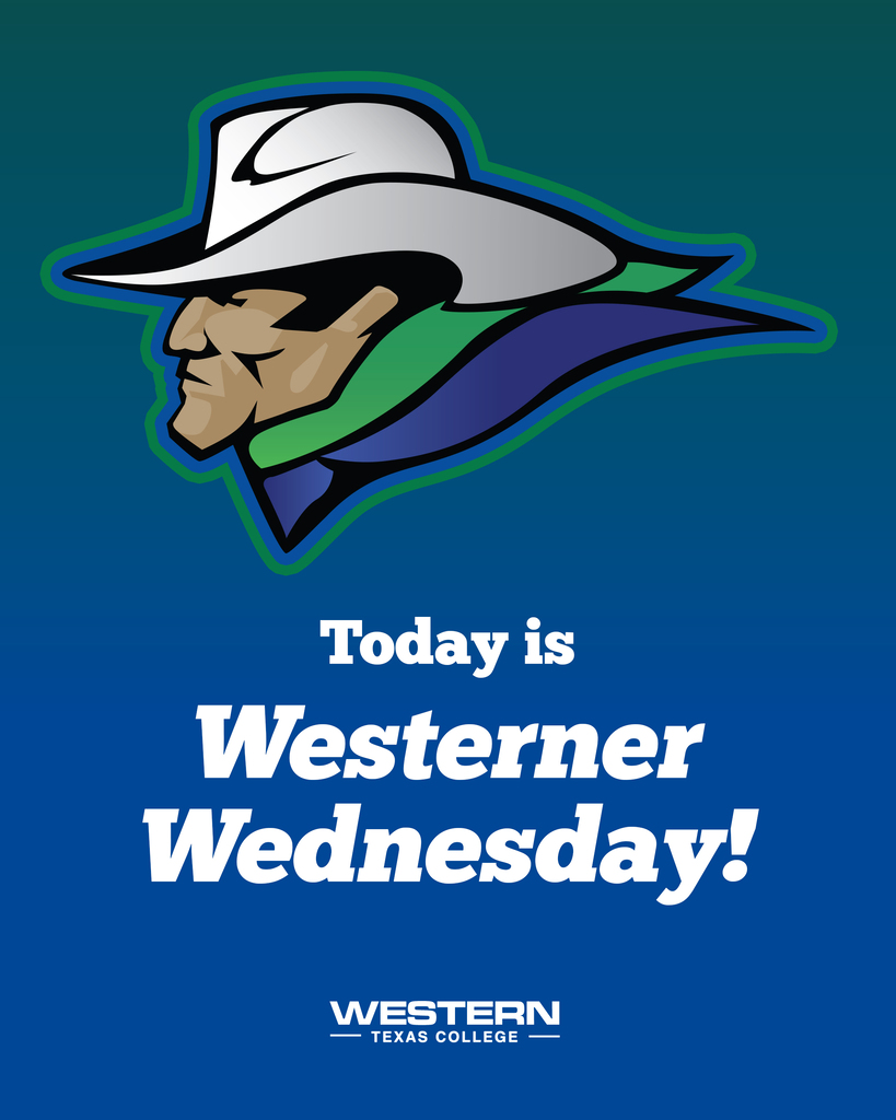Westerner mascot graphic announces Westerner Wednesday with the Western Texas College logo on a blue background.