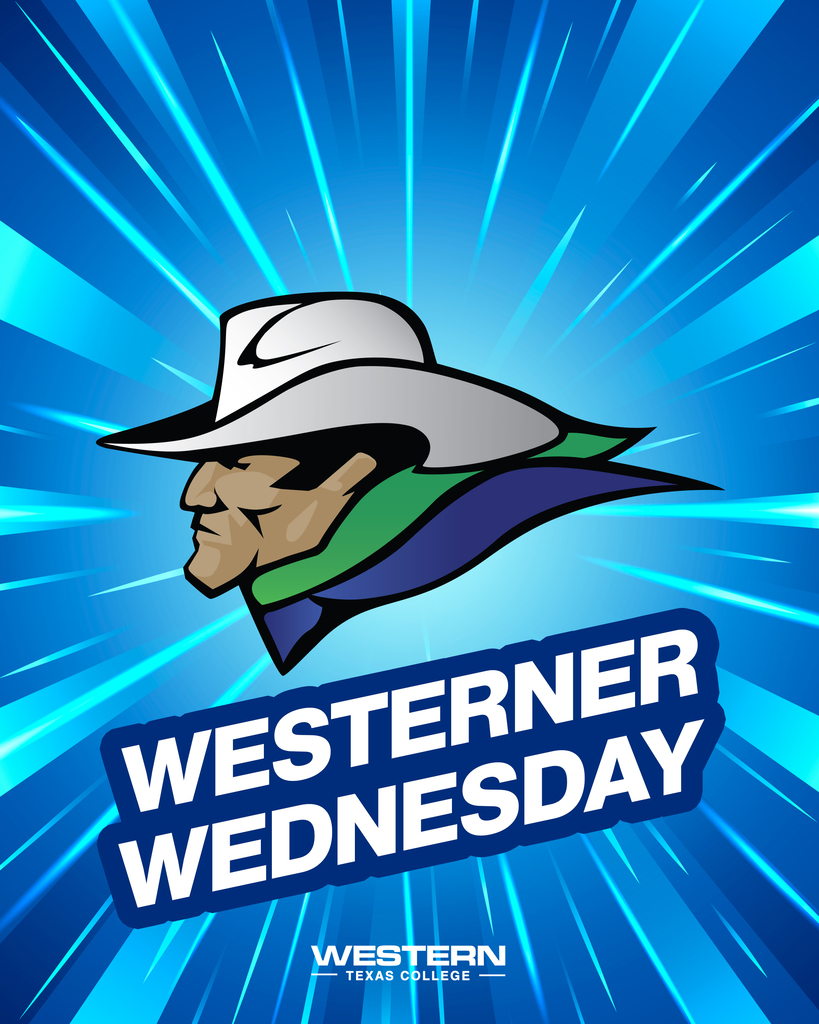 Bright blue Westerner Wednesday graphic featuring the Western Texas College Westerner mascot and college wordmark.