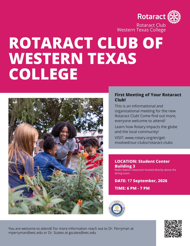 Rotaract Club of Western Texas College flyer promotes its first informational meeting, with event details, contact information and QR code.