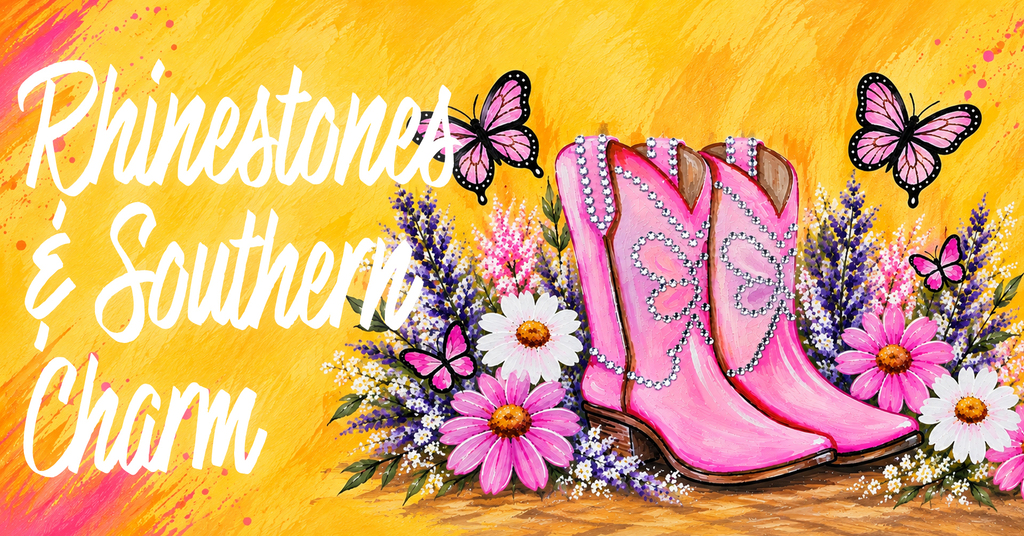 Painting of Pink Boots with colorful flowers and butterflies