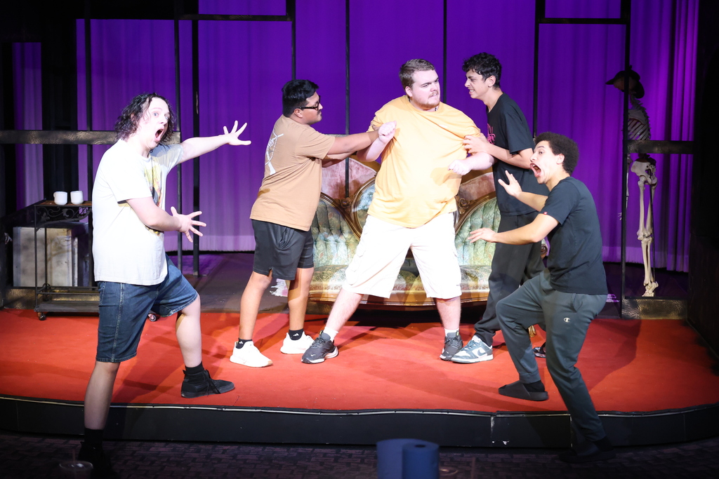 WTC theater students rehearse an energetic scene onstage for the upcoming production of Ken Ludwig’s Moriarty.