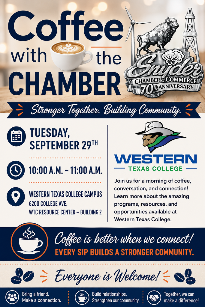 Coffee with the Chamber event graphic featuring September 29 event details at Western Texas College.