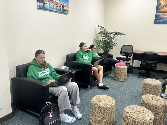 Three Western Texas College students work on laptops while seated in the campus Resource Center.