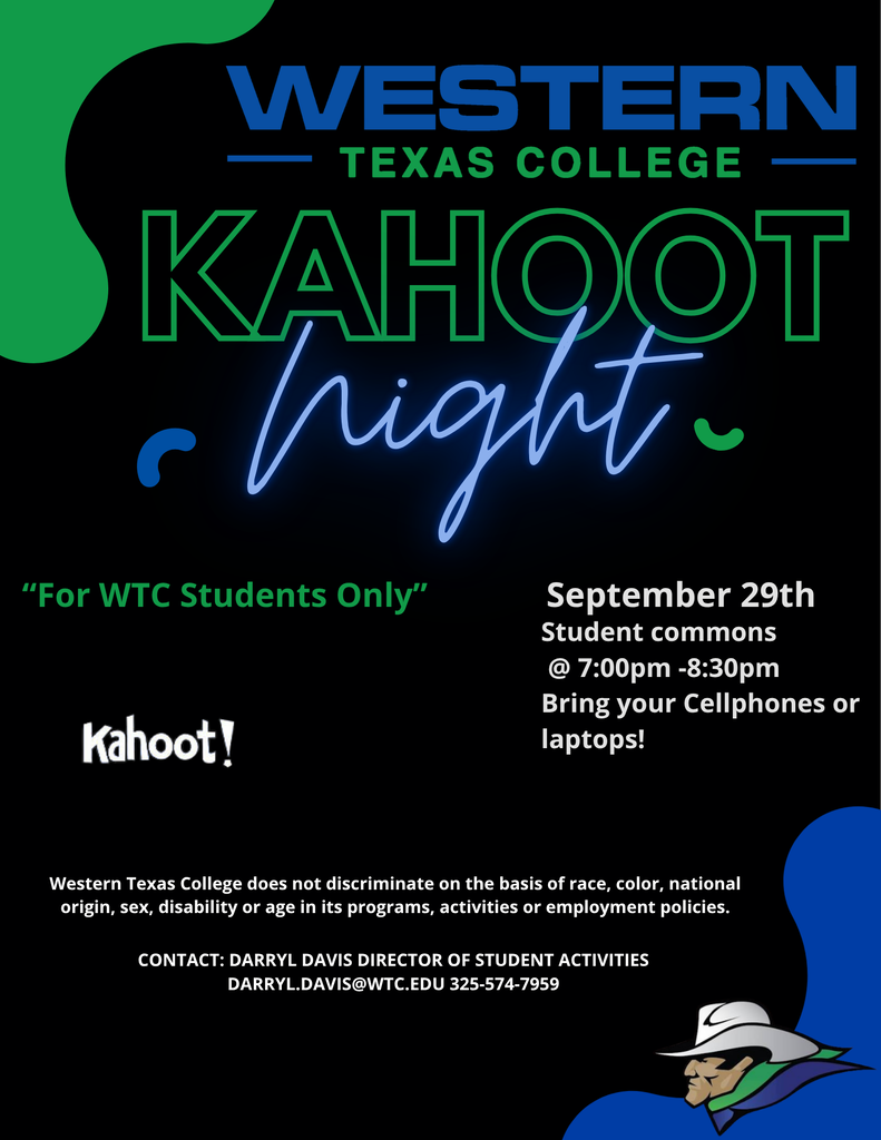 Western Texas College Kahoot Night flyer for students, September 29 from 7 to 8:30 p.m. in the Student Commons.