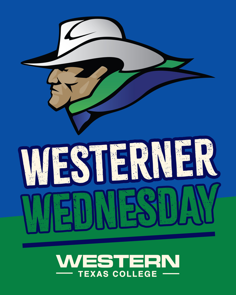 Westerner Wednesday graphic featuring the WTC Westerner mascot and Western Texas College logo in blue and green.