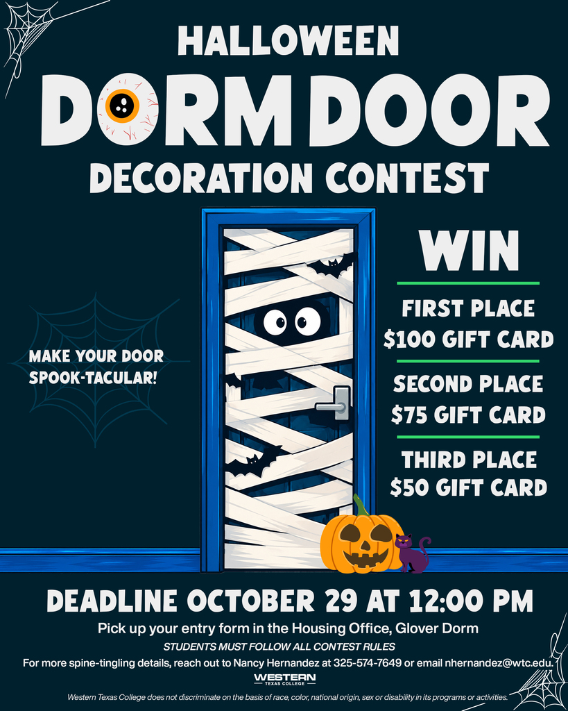 Halloween Dorm Door Decoration Contest graphic featuring a decorated mummy door, prizes for top entries, and an October 29 deadline.