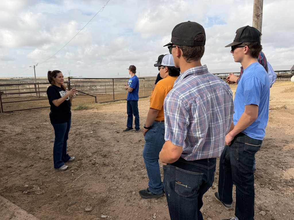 Western Texas College students listen to a dairy farm representative beside outdoor cattle pens.