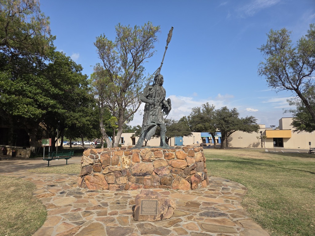 The Quanah Parker statue, crafted by Abilene artist Terry Gilbreth, stands on the front of the Western Texas College campus next to the Scurry County Museum.