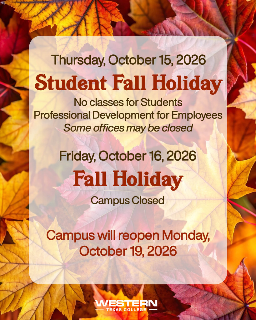 Information about the fall holidays and campus closure on a background of leaves with the WTC logo.