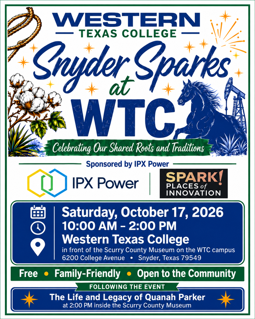 Snyder Sparks at WTC event graphic featuring Western Texas College branding, West Texas imagery, event details, and sponsor logos.