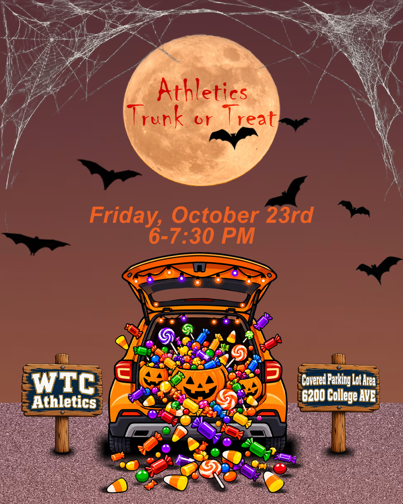 Halloween-themed graphic for WTC Athletics Trunk or Treat on October 23, featuring a candy-filled car, bats, and a full moon.