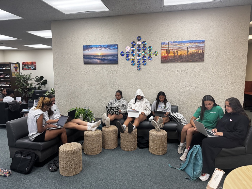Western Texas College students work on laptops and tablets while studying together in comfortable chairs upstairs in the Resource Center. 