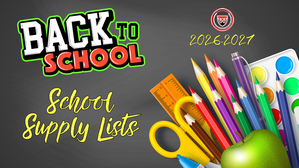 Back to School School Supply Lists 2026-2027: Colorful school supploes piled up in the lower right hand corner of graphic with gray background