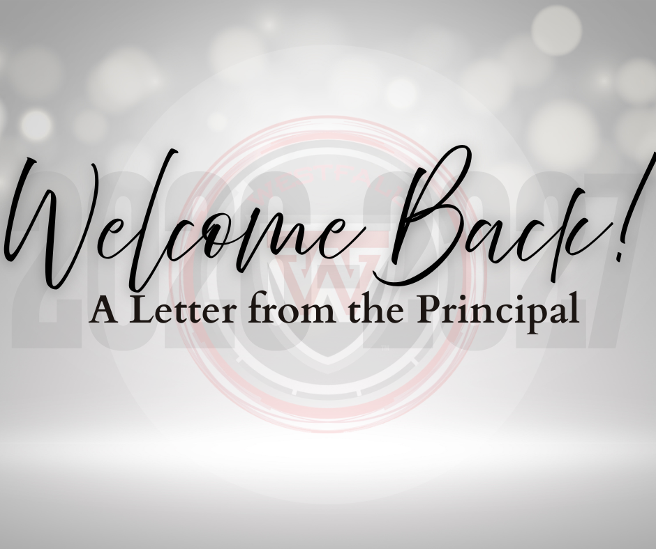 Welcome Back A Letter from the Principal with faded Westfall logo and 2026-2027 in the bacground