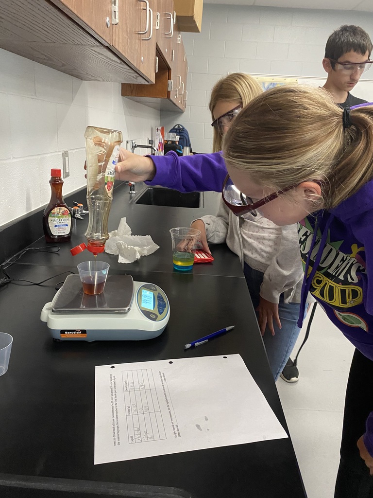 Students conducting science project with dense liquids
