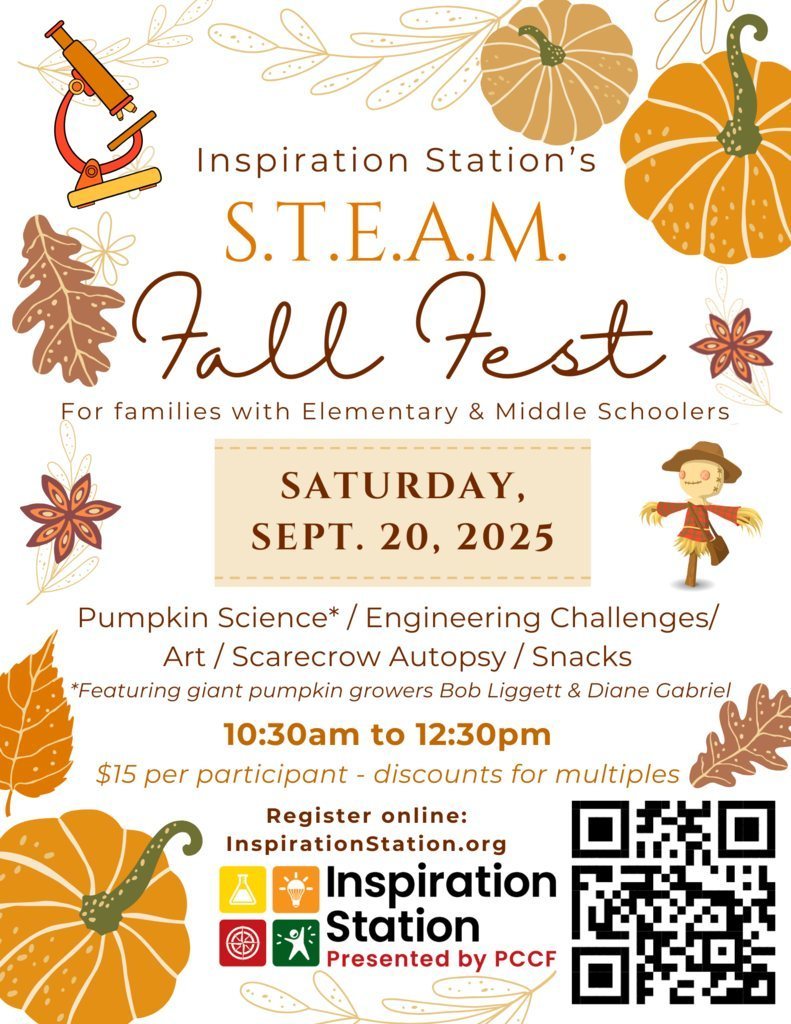 Inspiration Station's STEAM Fall Fest Flyer with pumpkins, leaves, and scarecrows