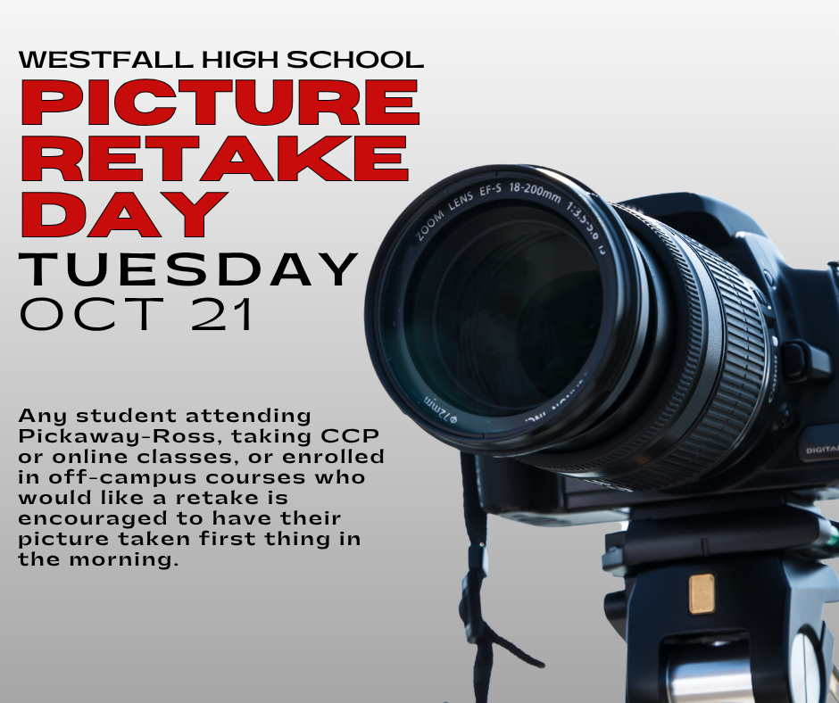 Camera with text Picture Retake Day is coming Tuesday October 21