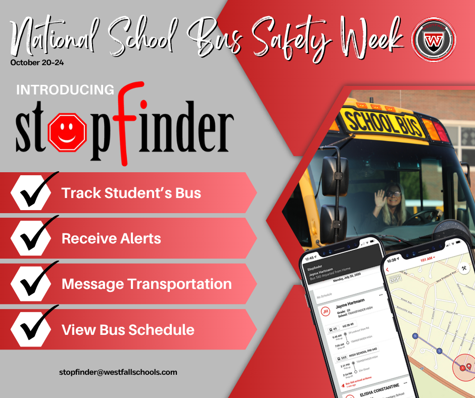 StopFinder National School Bus Safety Week Bus with Waving Bus Driver, Iphones