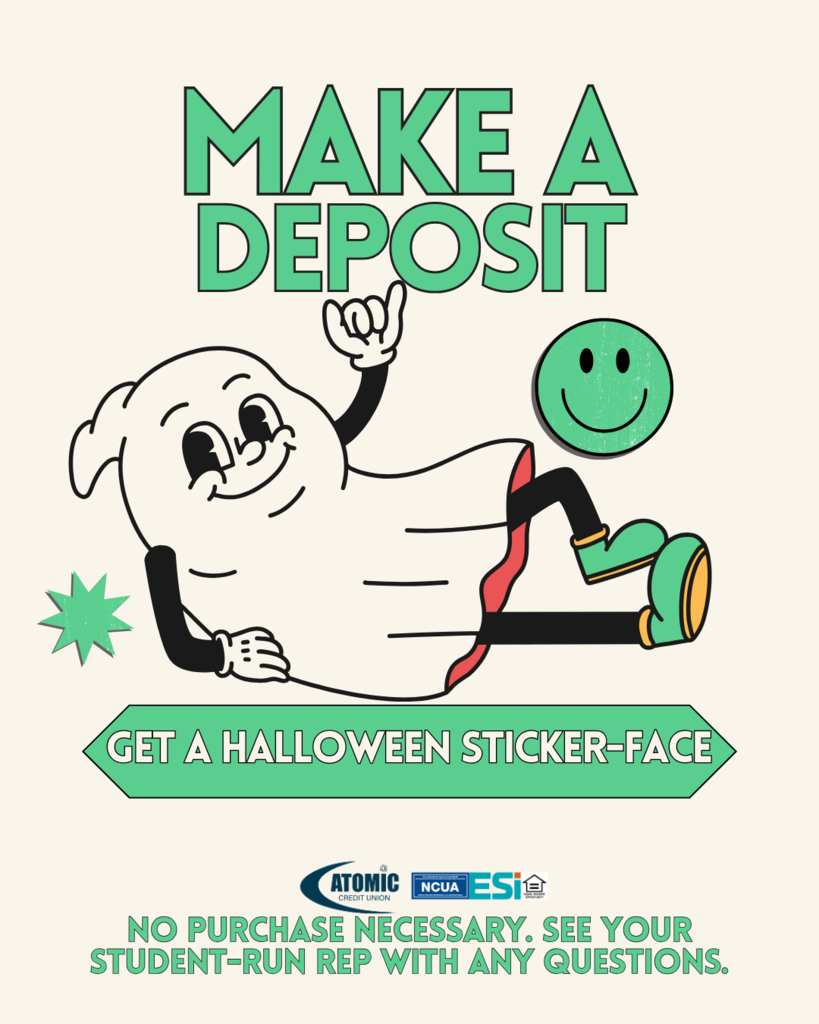 cartoon ghost with a green smiley face sticker