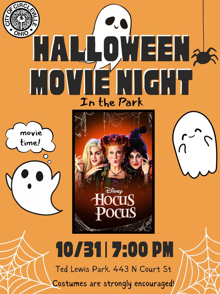 Halloween Movie Night poster with ghosts, spiders, and webs and hocus pocus movie poster