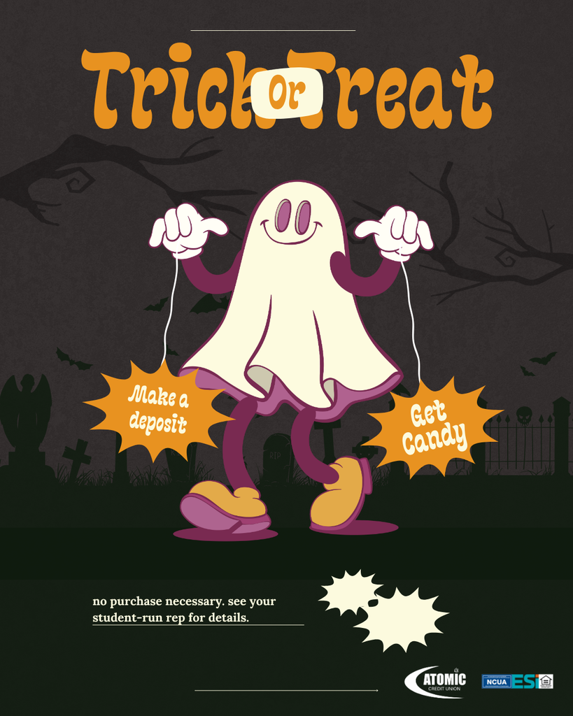 Smiling ghost character holding web messages that read "Make a deposit" and "Get Candy"