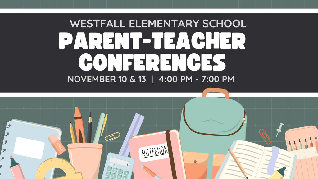Parent Teacher Conferences - cartoon school supplies - notebooks, pencils, calculator, and backpack