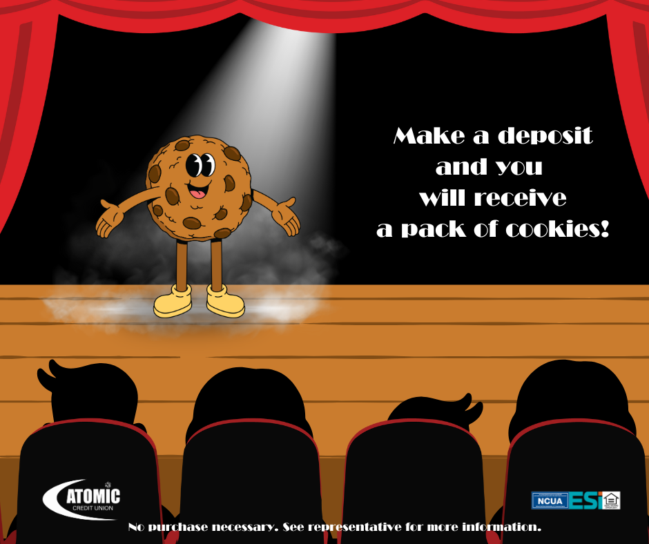 cartoon chocolate chip cookie person on a stage under a spotlight, surrounded by a red stage curtain in front of a silhouette audience