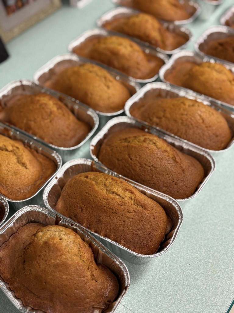 Rows of baked pumpkin bread in individual tins