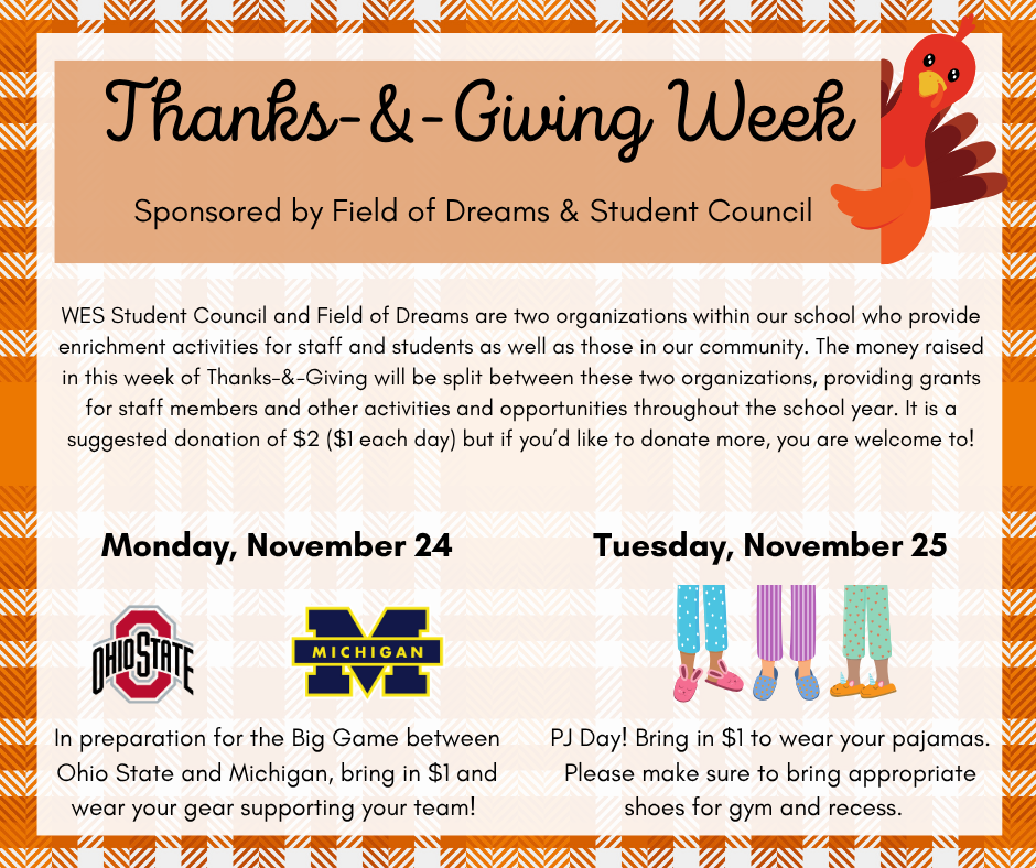 Thanksgiving turkey, Ohio State logo, Michigan logo, and cartoon legs in pajama pants and slippers