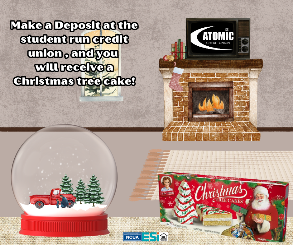 Christmas living room scene with fireplace, stocking and snowglobe and box of Little Debbie Christmas Tree cakes
